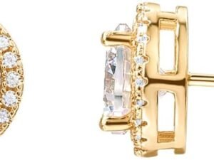 14K Gold Plated Sterling Silver Post Brilliant Round Faux Diamond Halo Earrings - Premium Cubic Zirconia in Rose, White, and Yellow Gold