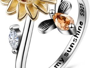 Sterling Silver Fidget Anxiety Ring for Women Adjustable Open Fidget Rings for Anxiety Fidget Relieving Stress Sunflower Moon Star Stackable Rings Jewelry