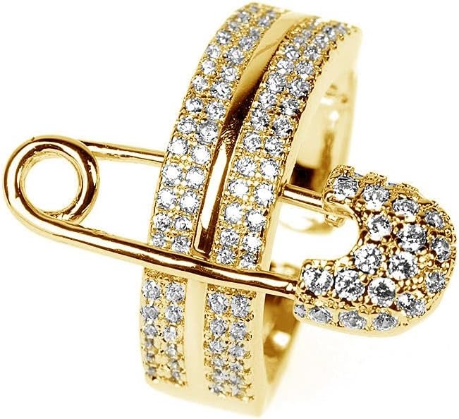 Wide Flat CZ Safety Pin Chunky Open Rings Fashion Gold/Silver Plated Cubic Zirconia Paved Expandable Engagement Promise Statement Band Rings Opening Rings for Women Birthday Party 17mm