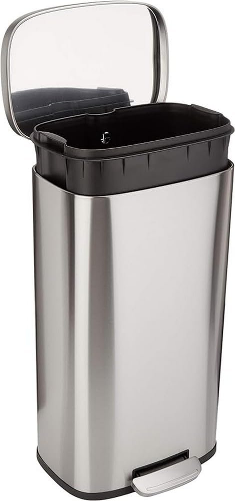 41PweaM3nL._SL1000_.jpg Smudge Resistant Rectangular Trash Can with Soft-Close Lid, Foot Pedal, Removable Inner Bucket, 30 Liter/7.9 Gallon, Brushed Stainless Steel, Satin Nickel Finish, 13.8"L x 11.8"W x 25"H - Image 1