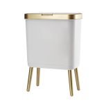 Bathroom Trash Can with Lid, Plastic Garbage Can with Legs, 4 Gallon Gold Trash Bin with Push Button, Narrow White Trash Can Waste Basket for Bedroom, Living Room,Office，Dog Proof Trash Bin