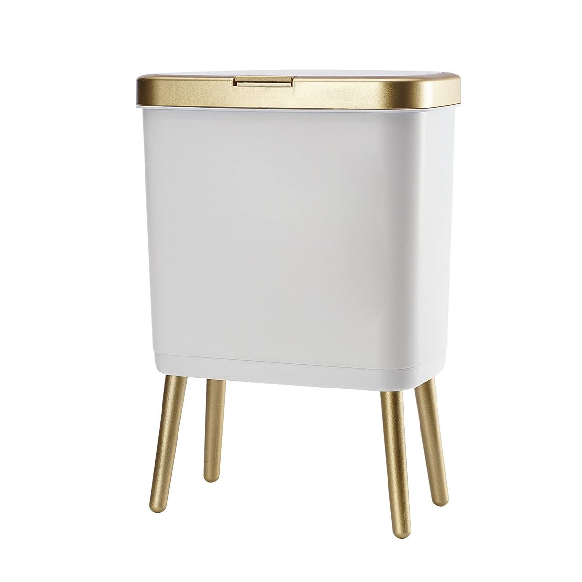 51eKEK2wIHL._SL1200_.jpg Bathroom Trash Can with Lid, Plastic Garbage Can with Legs, 4 Gallon Gold Trash Bin with Push Button, Narrow White Trash Can Waste Basket for Bedroom, Living Room,Office,Dog Proof Trash Bin - Image 1