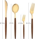 16-Piece Silverware Set with Cake Fork, Gold Stainless Steel Flatware Cutlery Set, Eating Utensils Set with Wooden effect Handle, Include Knife Fork Spoon, Mirror Polished, Dishwasher Safe - Image 2