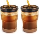 13 oz Glass Water Tumbler with Straw and Lid, 2 Pack Reusable Glass Water Cup With Silicone Bumper, Sealed Carry-On Thick Wall Drinking Cups for Iced Coffee, Iced Tea, Fruit Juice (Amber-2Pcs)