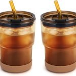 13 oz Glass Water Tumbler with Straw and Lid, 2 Pack Reusable Glass Water Cup With Silicone Bumper, Sealed Carry-On Thick Wall Drinking Cups for Iced Coffee, Iced Tea, Fruit Juice (Amber-2Pcs)