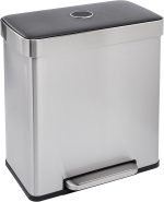 Dual Compartment Recycling Trash Can with Soft-Close Lid, Fingerprint Resistant, Removable Liner Buckets, 60 Liters, Rectangular, Grey, Silver