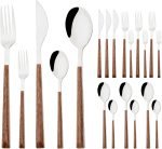 Korean Style Wood Flatware Stainless Steel Fork/Spoon/Knife/Teaspoon with Wooden Square Handle Cutlery Set of 4 Dinnerware for Home, Kitchen, Restaurant, Gift - Silver