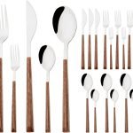 Korean Style Wood Flatware Stainless Steel Fork/Spoon/Knife/Teaspoon with Wooden Square Handle Cutlery Set of 4 Dinnerware for Home, Kitchen, Restaurant, Gift - Silver