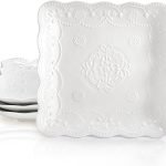 Set of 4 Square Embossed Ceramic Plate, 10 Inch Elegant Dinner Plates Ivory White, Appetizer Salad Serving Plates Kitchen Plates for Christmas Afternoon Tea Banquet Wedding Party Steak Pasta