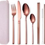 7 Pieces Stainless Steel Flatware Set Portable Reusable Cutlery Set Travel Utensils Set Including Chopsticks Knife Fork Spoon Straws Cleaning Brush Dishwasher Safe (Rose golden)
