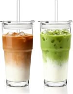 20oz Clear Glass Cup with Lid and Glass Straw, Set of 2 Thickened Glass Coffee Tumblers, Drinking Glasses with Straw for Smoothie, Tea, Milk, Whiskey, Water and More – Elegant & Durable