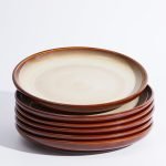 10 Inch Dinner Plates Set of 6, Stoneware Round Salad Dessert Plates, Serving Plates, Microwave & Dishwasher Safe, Brown and Yellow