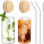 Drinking Glasses with Bamboo Lids and Glass Straw 2PCS Set, 16oz Glass Cups with Lids and Straws, Beer, Iced Coffee Glasses, Soda, Gift 1 Cleaning Brushes
