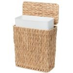 3 Gallon Wicker Trash Can,Small Bathroom Trash Can with Lid,Natural Water Hyacinth Wicker Waste Basket for Bedroom,Toilet,Narrow Garbage Can with Removable Liner