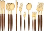 16-Piece Silverware Set with Cake Fork, Gold Stainless Steel Flatware Cutlery Set, Eating Utensils Set with Wooden effect Handle, Include Knife Fork Spoon, Mirror Polished, Dishwasher Safe