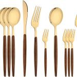 16-Piece Silverware Set with Cake Fork, Gold Stainless Steel Flatware Cutlery Set, Eating Utensils Set with Wooden effect Handle, Include Knife Fork Spoon, Mirror Polished, Dishwasher Safe