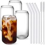 Drinking Glasses with Glass Straw 4pcs Set - 16oz Highball Glass Cups, Beer Glasses, Iced Coffee Glasses, Cute Tumbler Cup, Ideal for Whiskey, Soda, Tea, Water, Gift, 2 Brushes