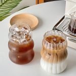 2 Pcs Ribbed Glass Cups, 18 Oz  Drinking Glassware with Wave Shape Design, Bubble Cups for Iced Coffee, Juice, Beverage, Milk, Cocktails, Bubble Tea, and More