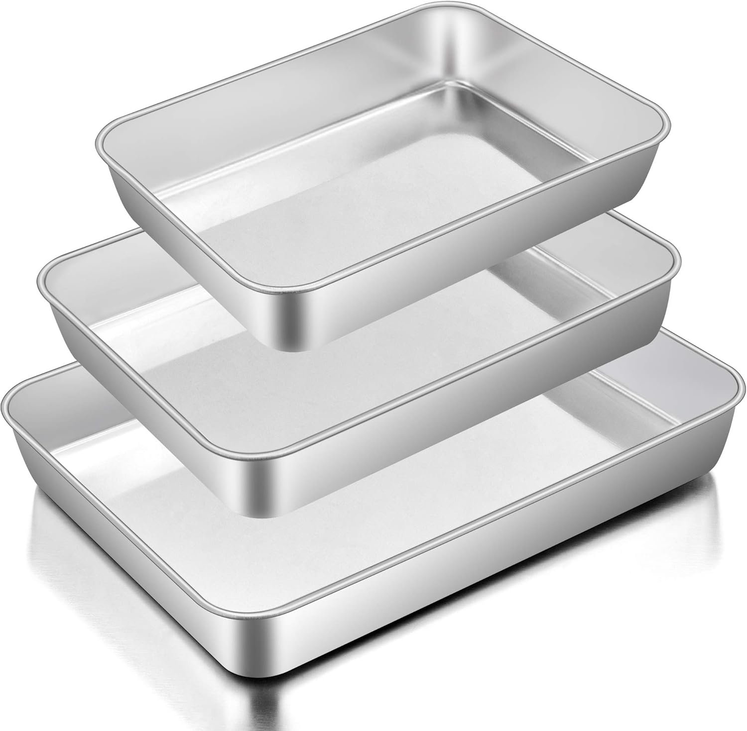 71X6AbaZKRL._AC_SL1500_.jpg Baking Pans Set of 3, Stainless Steel Sheet Cake Pan for Oven - 12.5/10.5/9.4Inch, Rectangle Bakeware Set for Cake Lasagna Brownie Casserole Cookie, Non-toxic & Healthy, Dishwasher Safe - Image 1
