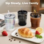 13 oz Glass Water Tumbler with Straw and Lid, 2 Pack Reusable Glass Water Cup With Silicone Bumper, Sealed Carry-On Thick Wall Drinking Cups for Iced Coffee, Iced Tea, Fruit Juice (Amber-2Pcs) - Image 2