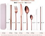 7 Pieces Stainless Steel Flatware Set Portable Reusable Cutlery Set Travel Utensils Set Including Chopsticks Knife Fork Spoon Straws Cleaning Brush Dishwasher Safe (Rose golden) - Image 2