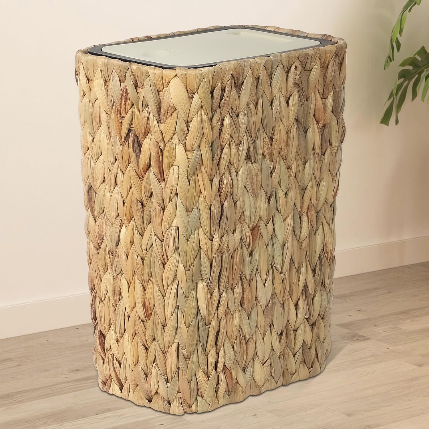 813Ty518wL._SL1500_.jpg Boho Trash Can with Lid for Bathroom,2.6 Gallon Small Rattan Garbage Can with Press Top Lid,Woven Wastebasket and Hamper 2 in 1 Wicker Trash Basket for Bathroom,Kitchen,Living Room,Bedroom - Image 1