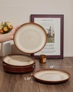 10 Inch Dinner Plates Set of 6, Stoneware Round Salad Dessert Plates, Serving Plates, Microwave & Dishwasher Safe, Brown and Yellow - Image 2