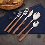 Korean Style Wood Flatware Stainless Steel Fork/Spoon/Knife/Teaspoon with Wooden Square Handle Cutlery Set of 4 Dinnerware for Home, Kitchen, Restaurant, Gift - Silver - Image 2