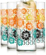 Flower Drinking Glasses Set of 4, Colorful, Retro Floral Design Glass Cups Set, Dishwasher Safe Water Glasses Set for Beverages