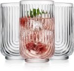 Drinking Glasses Set of 8. 17oz  Drinking Cups. Ripple Cocktail Glasses, Ribbed Drinking Highball Glass Cups. Arch Designed Art Deco Glassware for Water Juice Coffee. Package may Vary