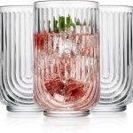 Drinking Glasses Set of 8. 17oz  Drinking Cups. Ripple Cocktail Glasses, Ribbed Drinking Highball Glass Cups. Arch Designed Art Deco Glassware for Water Juice Coffee. Package may Vary