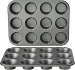Nonstick Muffin Pan, Set of 2, Sturdy, Oven Safe, Bakes Evenly, Easy to Clean, 12 Cups, Gray, 13.9x10.55x1.22"